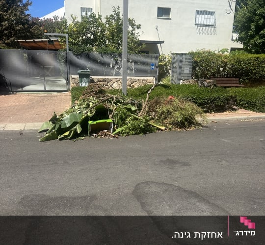 ערימת גזם על המדרכה ליד בית פרטי